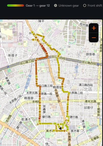 BikeNet ride map with the route colored by gear and shift locations marked along the ride