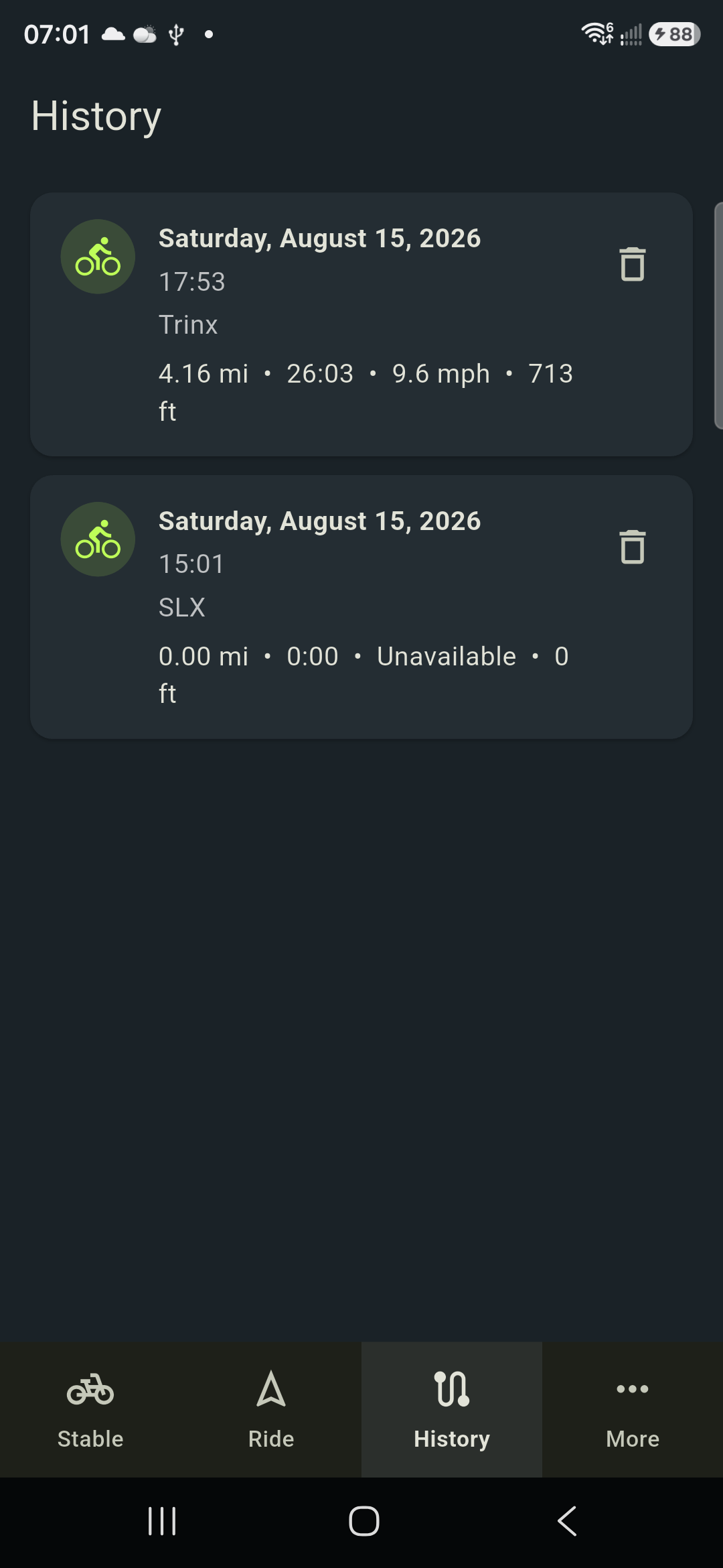 BikeNet ride history showing completed activities and their key statistics